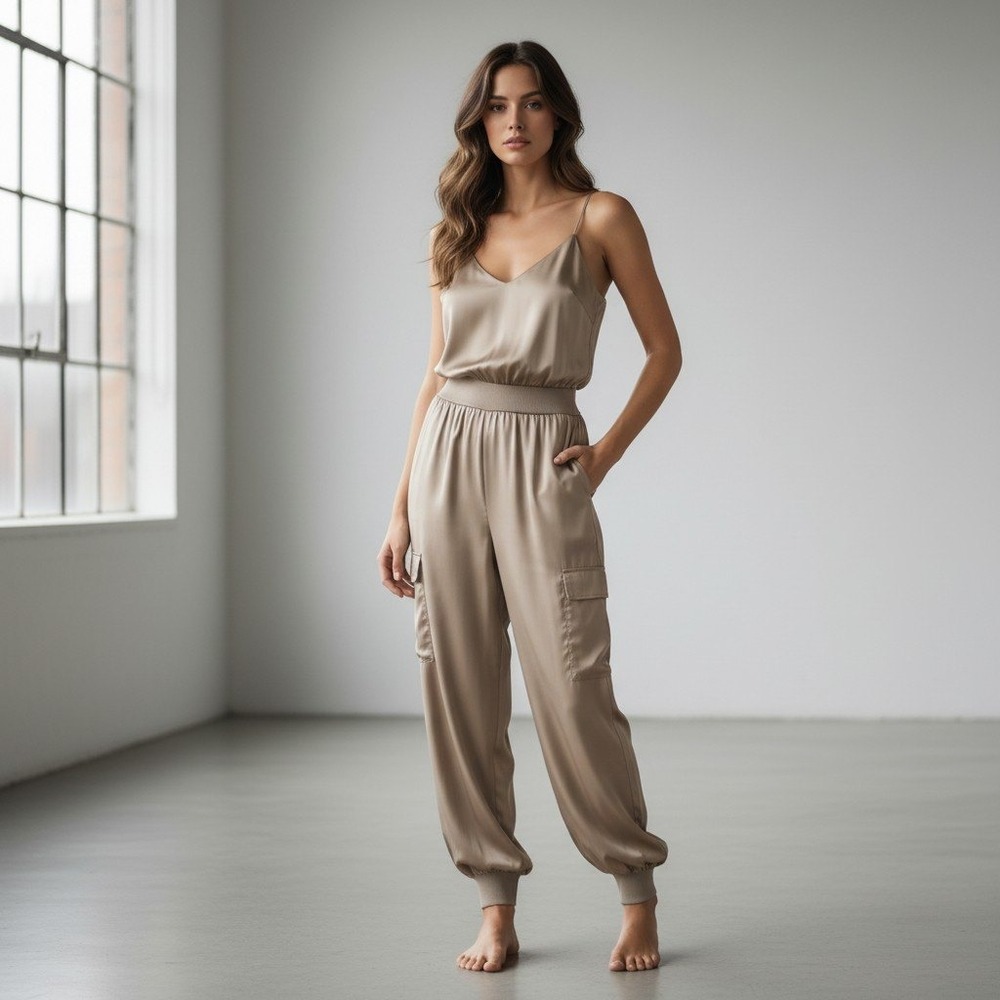 Cinq a Sept Twill Amia Jumpsuit‎ Taupe Size XS Cargo Jogger Sleeveless V-Neck